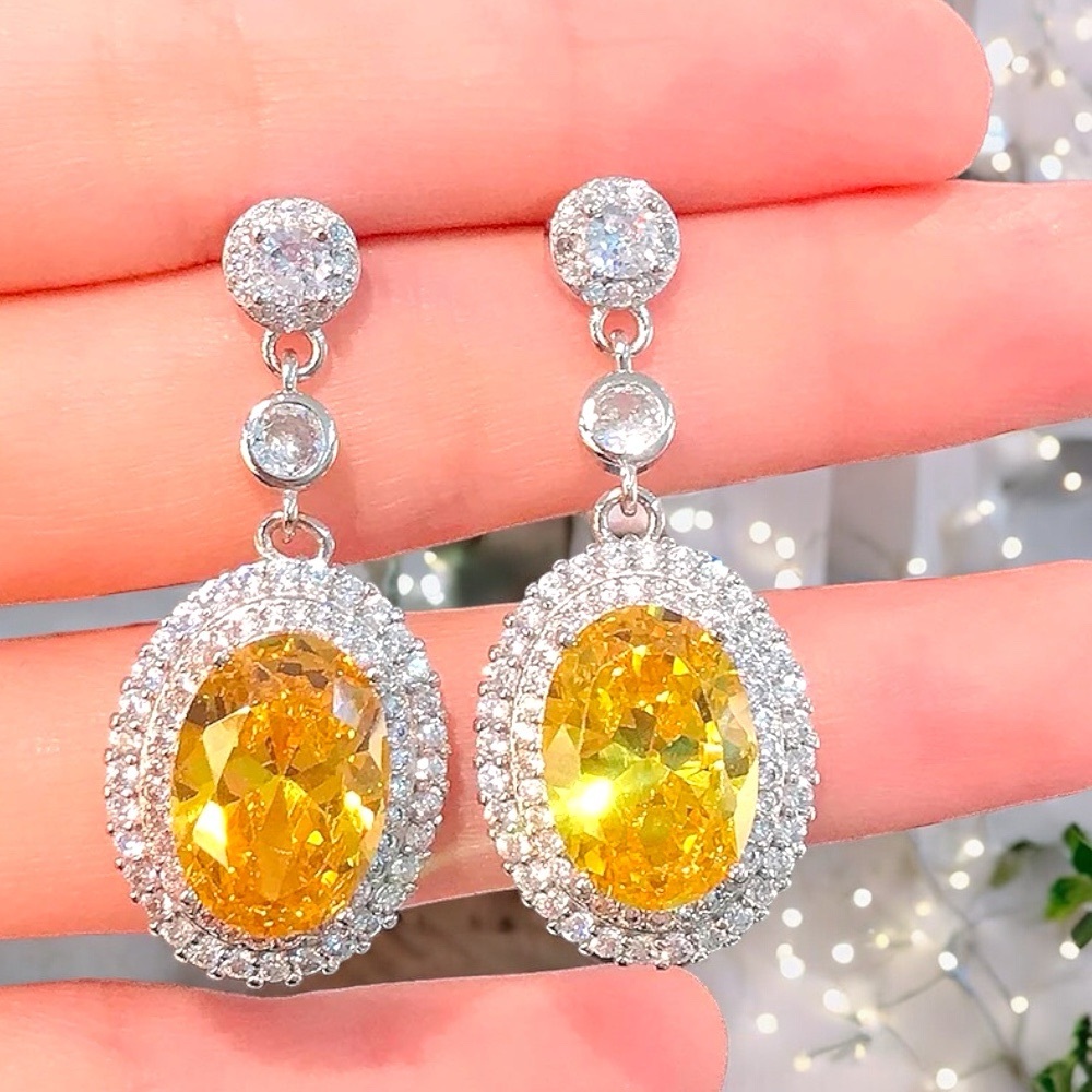 💛Luxurious White & Canary Yellow CZ Diamond Halo Earrings